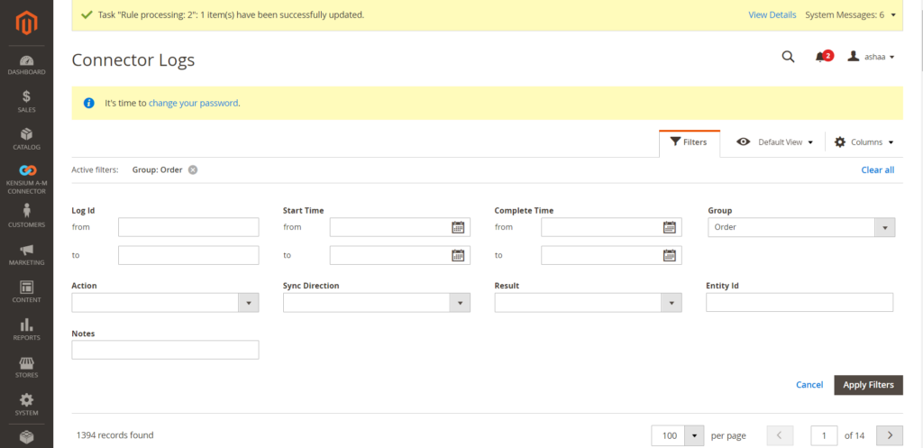 Filter option in Connector Sync Log